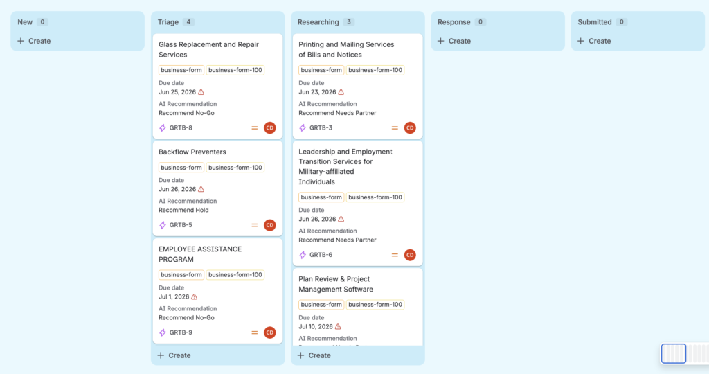 Genius Research Bid System board for tracking government contracting opportunities